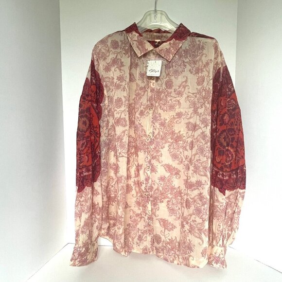 Free People Rose Bud Paisley Cotton Oversized Boho Blouse Red Cream Lightweight - Picture 7 of 14
